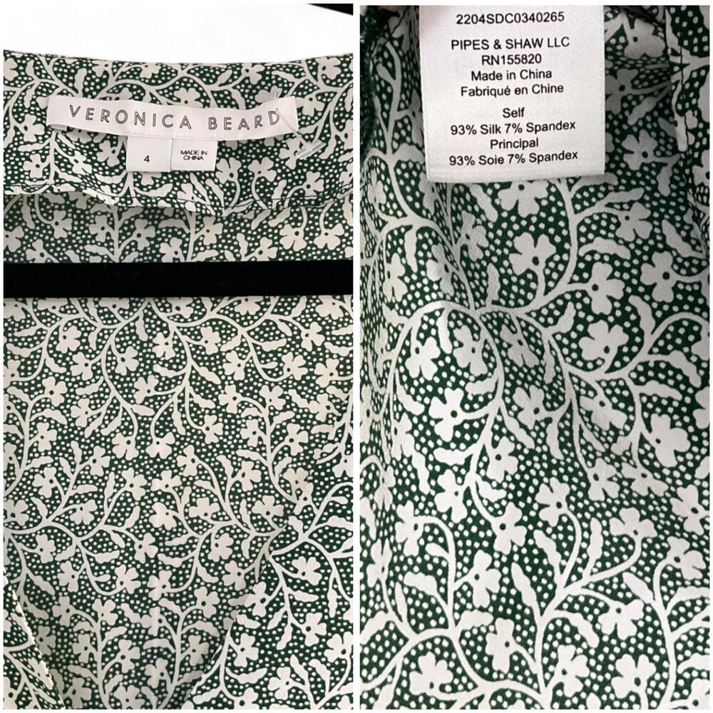 VERONICA BEARD | SZ 4 | Y2K Boho Green Floral Silk Ruched-Sleeve Top Blouse $398 - Picture 8 of 11